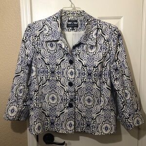 Jones New York Jacket Women 16W Blue Blend Stretch Paisley 3/4 Sleeve Business